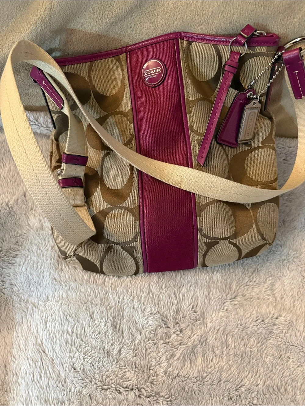 Authentic Coach Khaki/brown/fuchsia crossbody with cram shoulder strap